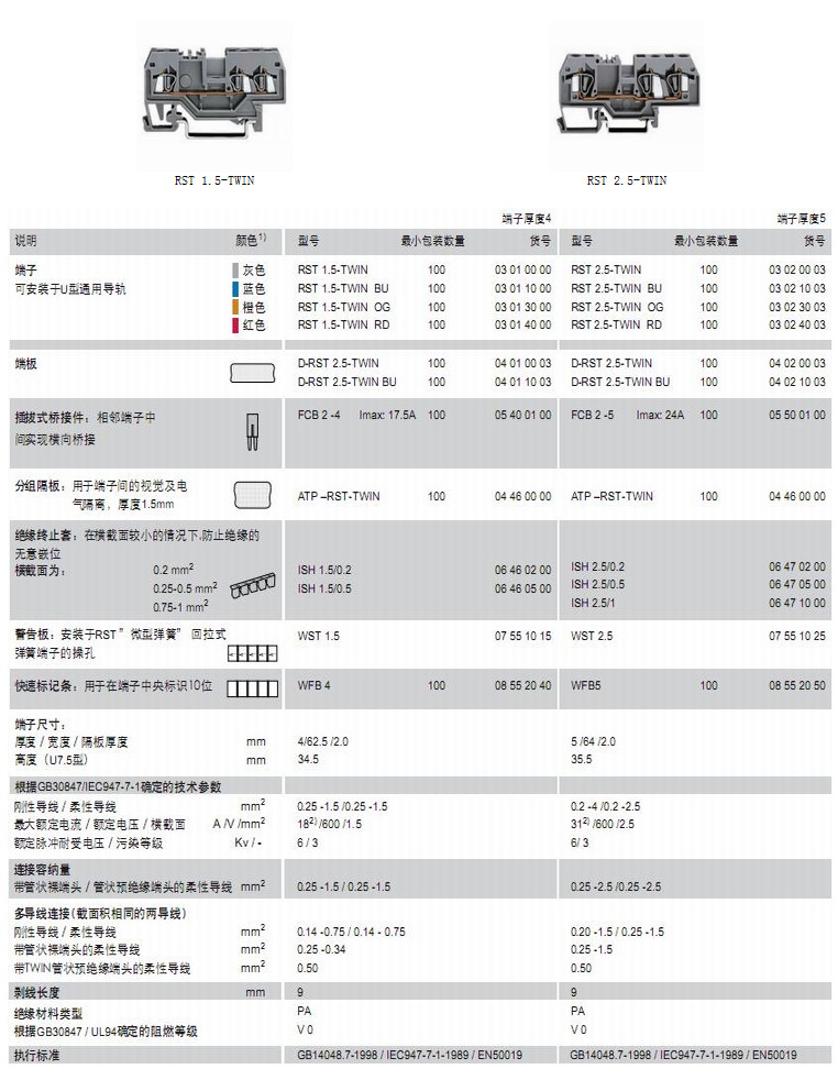   三导线直通弹簧端子RST1.5-RST2.5