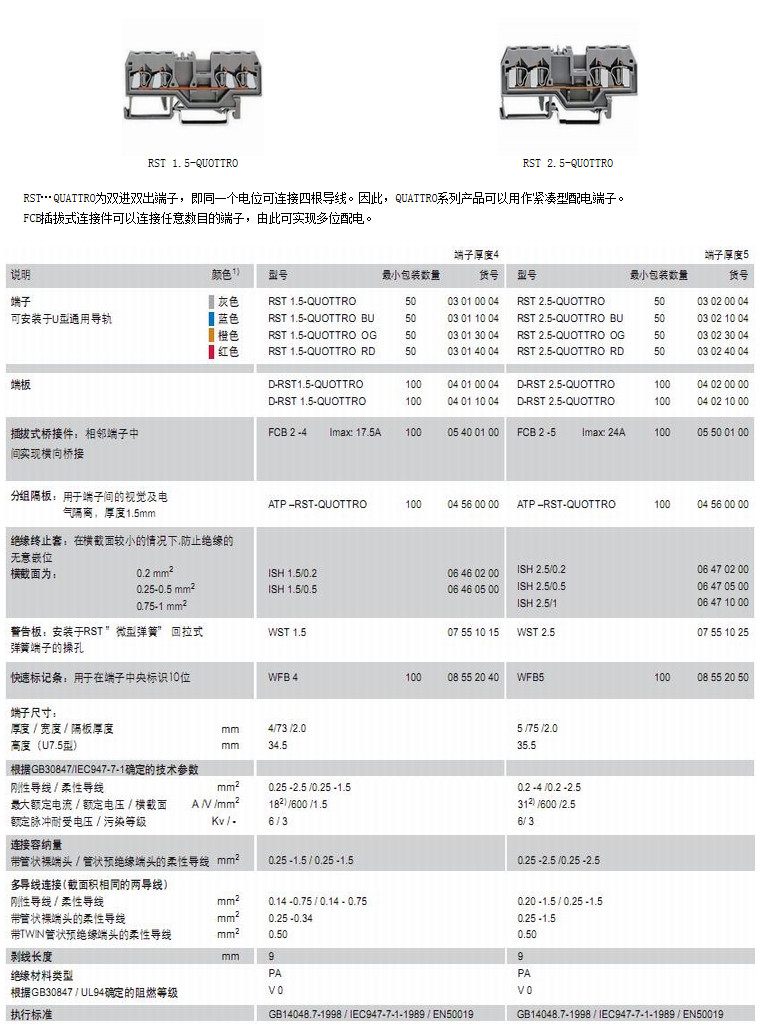   四导线直通弹簧端子RST1.5-RST2.5